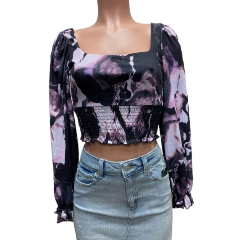 new Crop Top Topshop smock waist back tie black/purple knit Festival  NWT sz XS - Picture 3 of 10